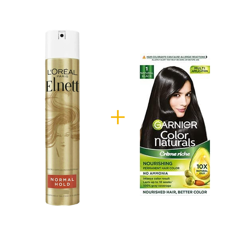 Combo - LOreal Paris Elnett Satin Normal Hold Hair Spray  Garnier Color Naturals Creme Rich Shade 1 Natural Black