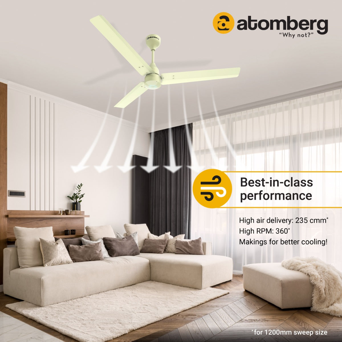 Atomberg Renesa 1200 mm BLDC Motor with Remote 3 Blade Ceiling Fan Ivory Pack of 1