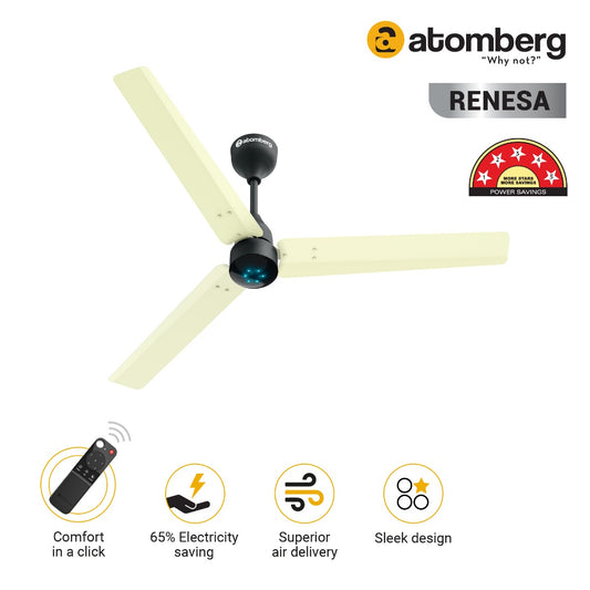 Atomberg Renesa 1200 mm BLDC Motor with Remote 3 Blade Ceiling Fan Ivory and Black Pack of 1