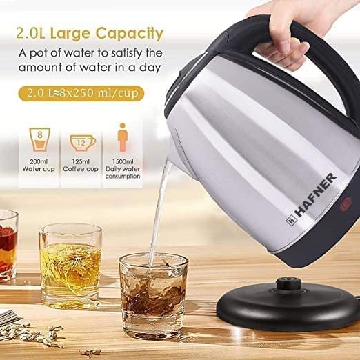 Hafner Electric Kettle with Stainless Steel BodyUsed for boiling Water Making tea and coffee Instant noodles Soup etc. 1500 Watt Silver2 litre