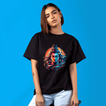 Mahadev Shiva Face Oversized printed Black Tshirt  For Girls