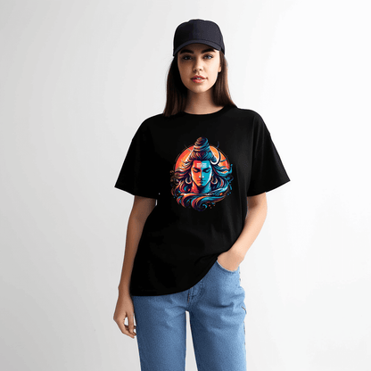 Mahadev Shiva Face Oversized printed Black Tshirt  For Girls