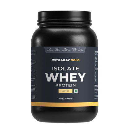 Nutrabay Gold 100 Whey Protein Isolate with Digestive Enzymes  Vitamin Minerals 26g Protein  Protein Powder for Muscle Support  Recovery - Mango 1 kg