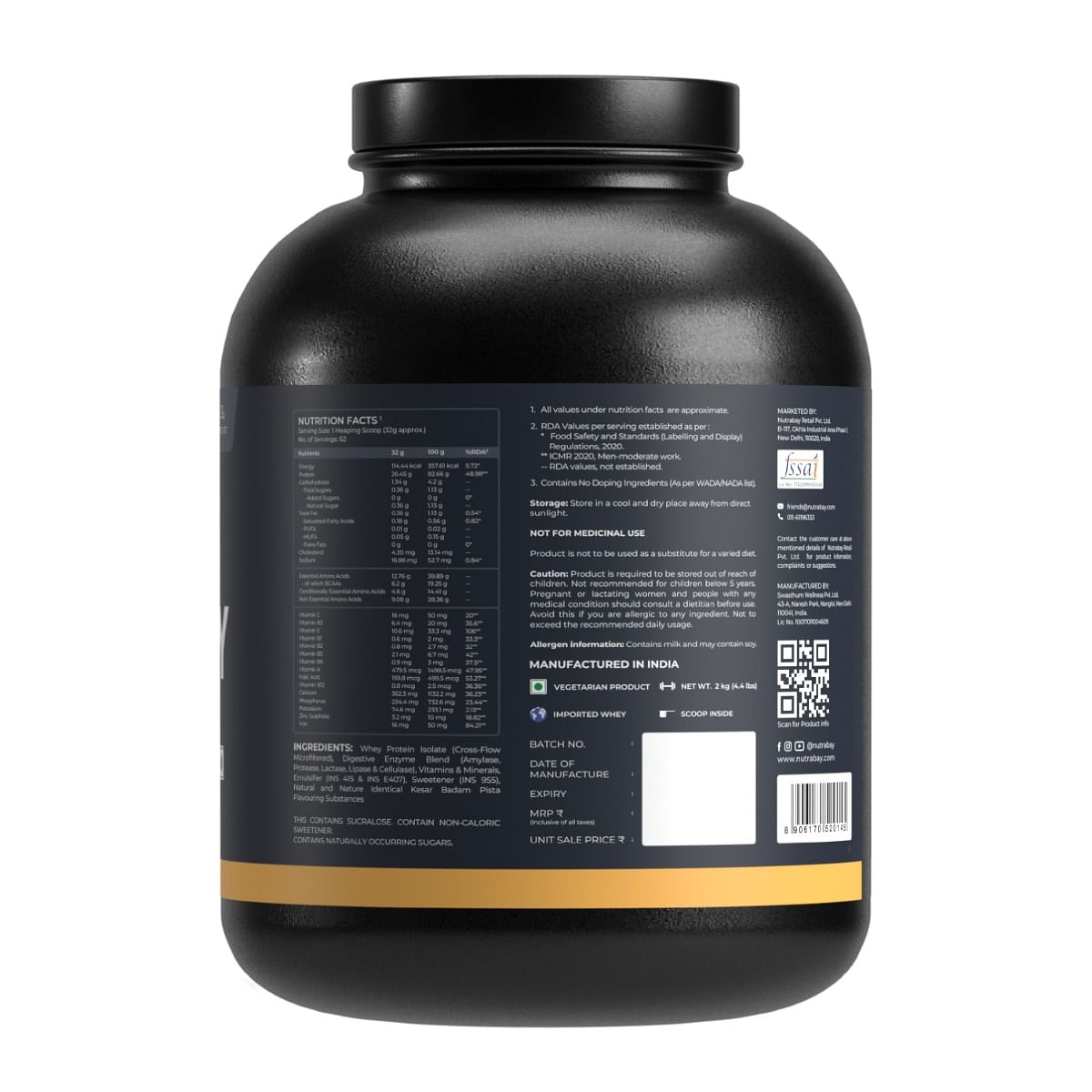 Nutrabay Gold 100 Whey Protein Isolate, 26g Protein, Digestive Enzymes, Vitamins, Minerals, Kesar Badam Pista, 2 kg.