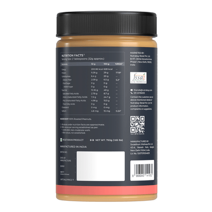 Nutrabay Foods All-Natural Peanut Butter Creamy - Unsweetened  100 Roasted Peanuts 28g Protein Zero Cholesterol Vegan Gluten Free Non GMO