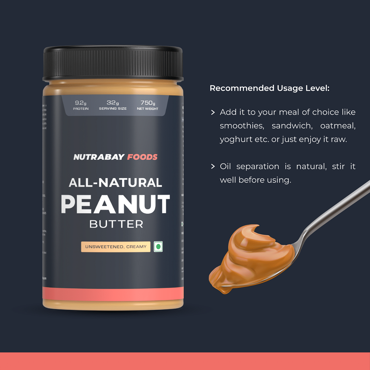 Nutrabay Foods All-Natural Peanut Butter Creamy - Unsweetened  100 Roasted Peanuts 28g Protein Zero Cholesterol Vegan Gluten Free Non GMO