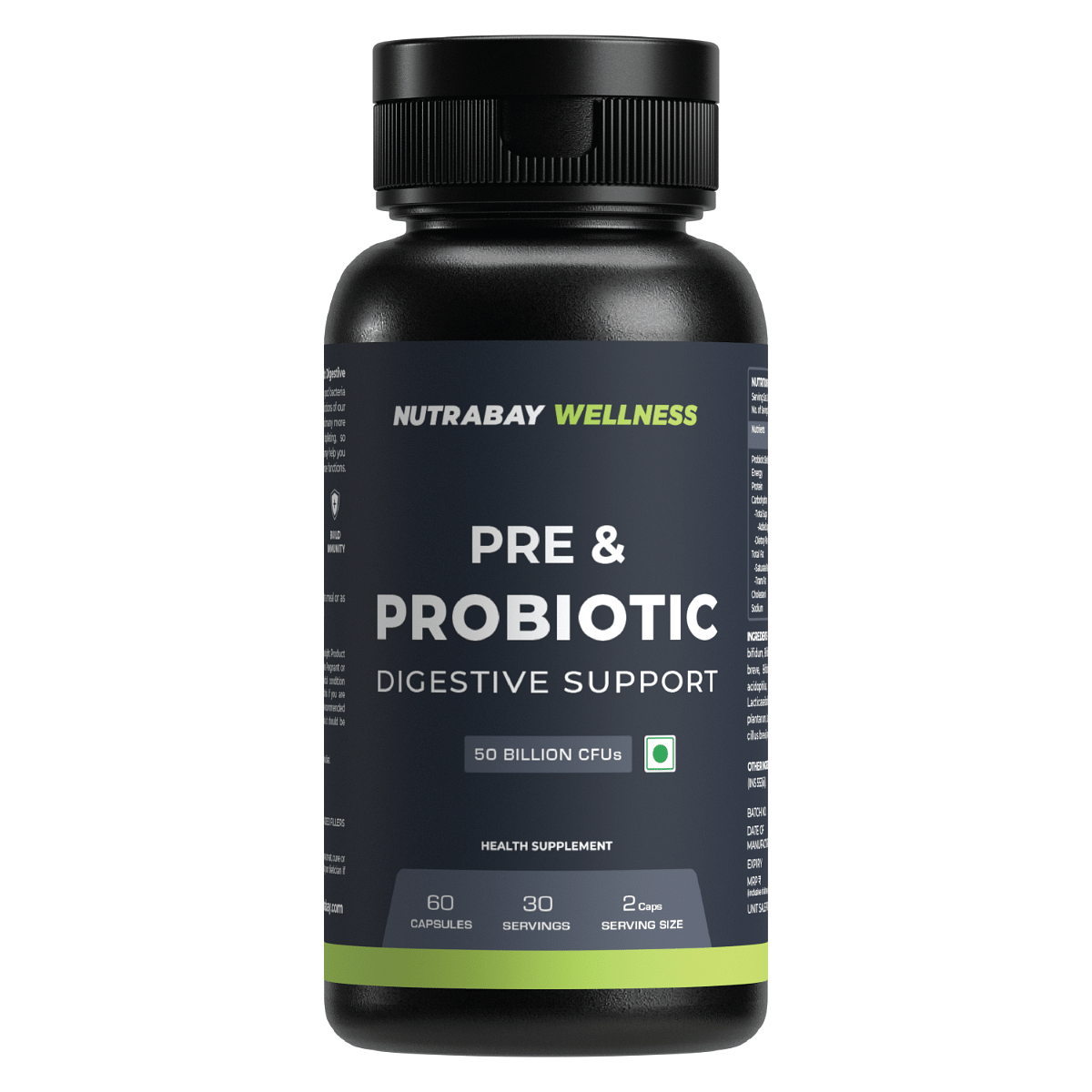 Nutrabay Wellness Pre & Probiotic Digestive Support 50 Billion CFUs - 60 Veg Capsules. Improves Digestion & Immunity for Men & Women.