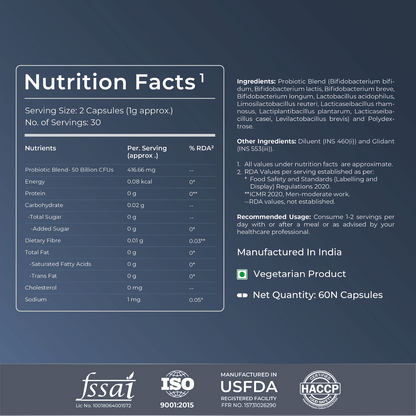 Nutrabay Wellness Pre & Probiotic Digestive Support 50 Billion CFUs - 60 Veg Capsules. Improves Digestion & Immunity for Men & Women.