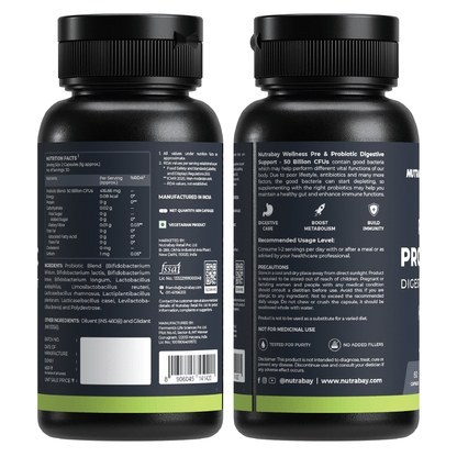 Nutrabay Wellness Pre & Probiotic Digestive Support 50 Billion CFUs - 60 Veg Capsules. Improves Digestion & Immunity for Men & Women.