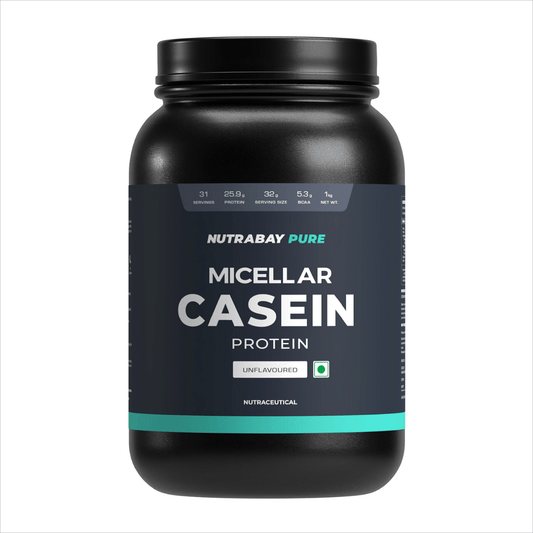 Nutrabay Pure 100 Micellar Casein Protein 1Kg Unflavoured: 25.9G Protein, 5.5G BCAA, Slow Digesting, Anti-Catabolic, Builds Lean Muscle, Aids Recovery.