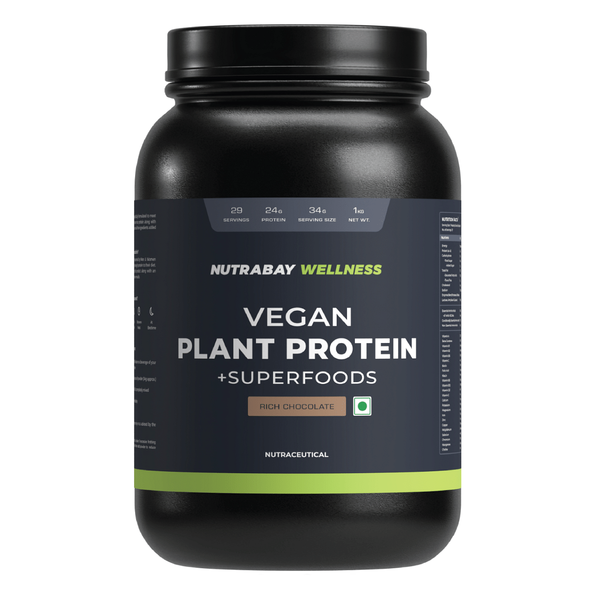 Nutrabay Vegan Plant Protein - 24g Protein, Pea & Brown Rice, Vitamins & Minerals, Post Workout, Muscle Growth, 1kg Rich Chocolate.