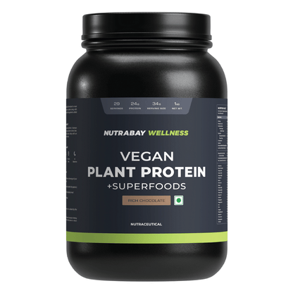 Nutrabay Vegan Plant Protein - 24g Protein, Pea & Brown Rice, Vitamins & Minerals, Post Workout, Muscle Growth, 1kg Rich Chocolate.