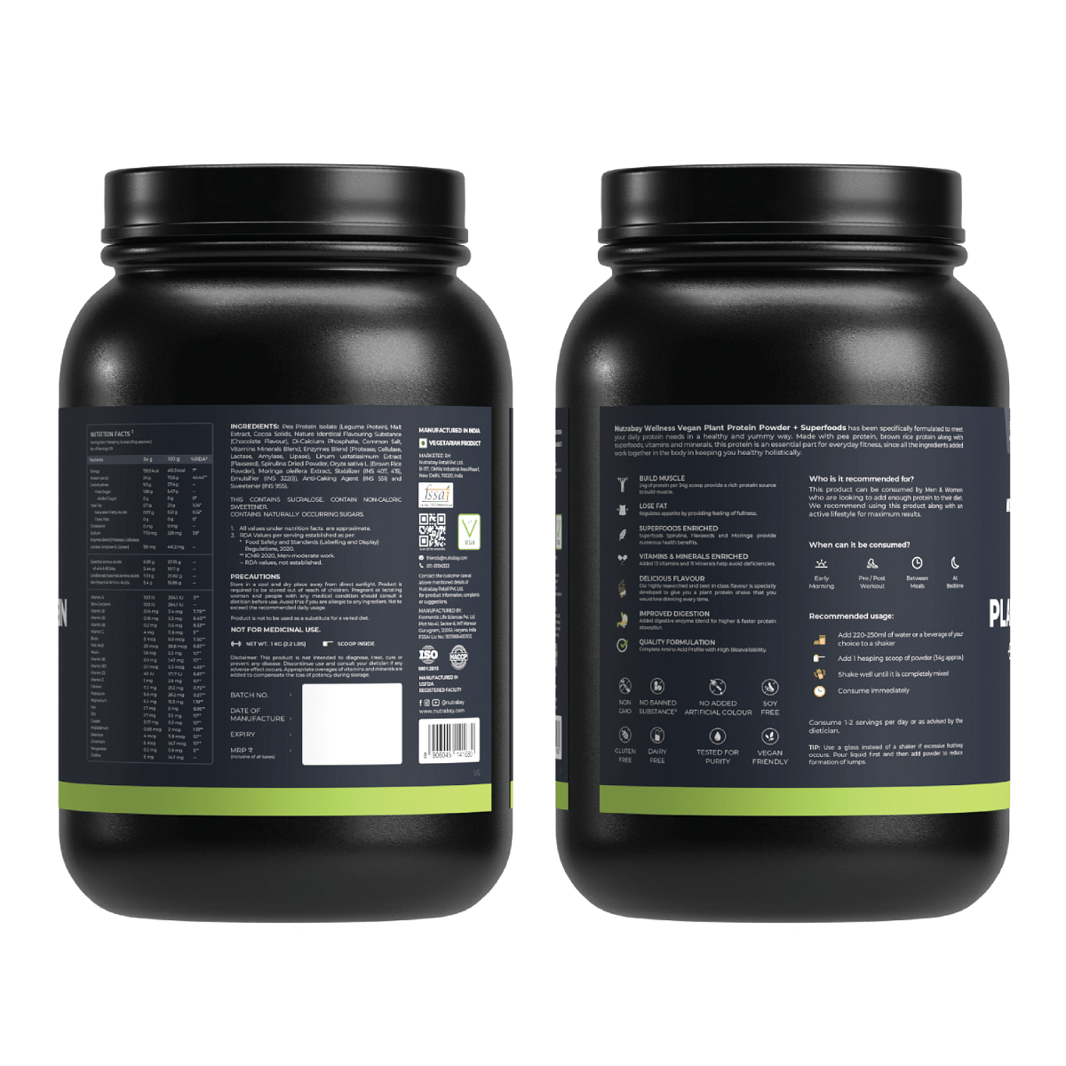 Nutrabay Vegan Plant Protein - 24g Protein, Pea & Brown Rice, Vitamins & Minerals, Post Workout, Muscle Growth, 1kg Rich Chocolate.