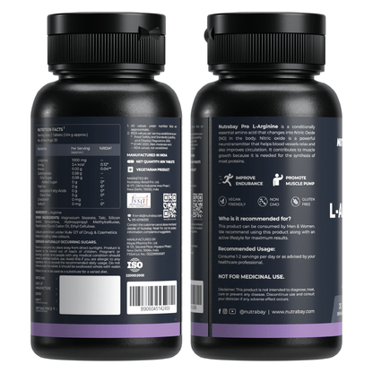 Nutrabay Pro L-Arginine Tablets  Improve Endurance Promote Muscle Pump Non GMO Vegan Friendly 1000mg - 60 Veg Tablets