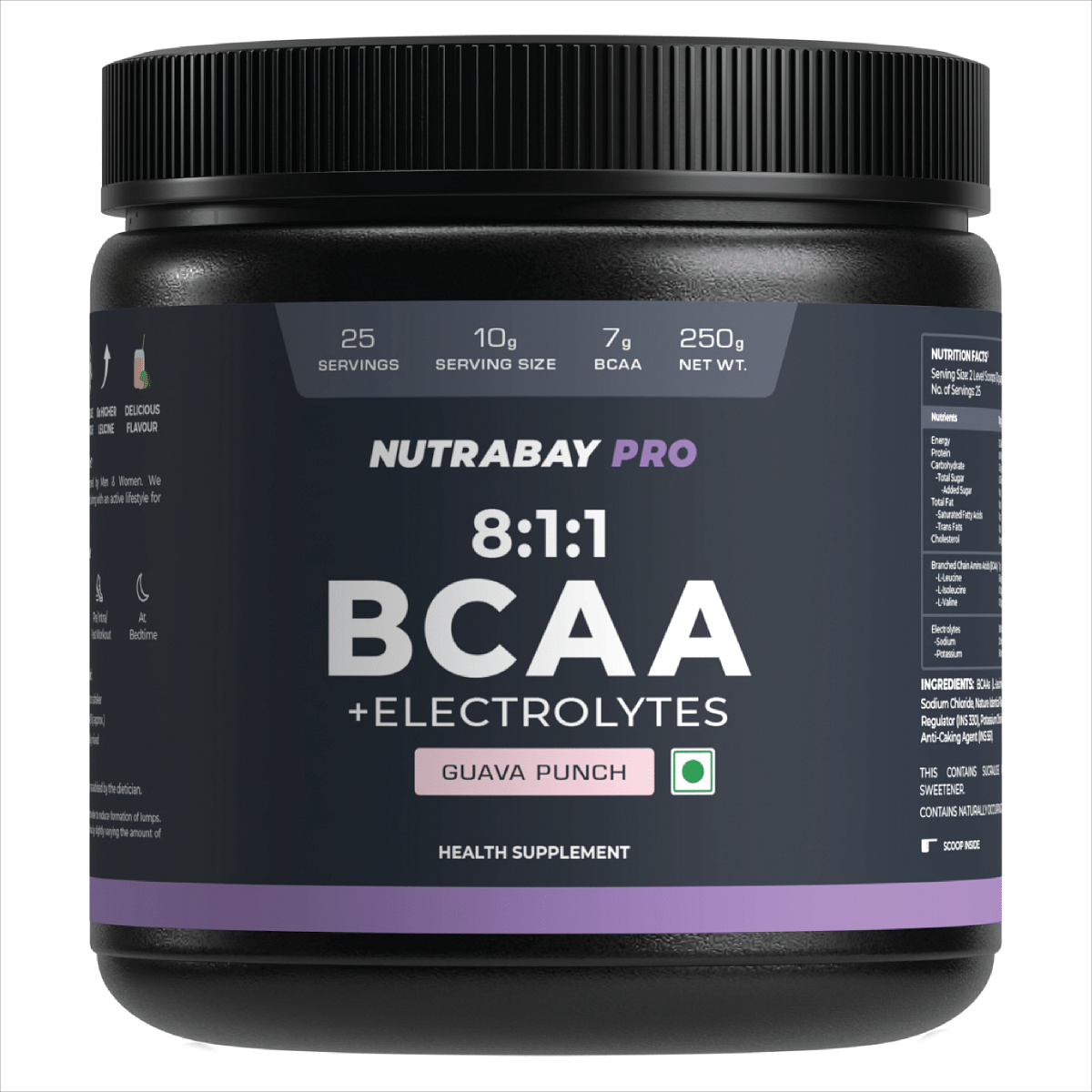 Nutrabay PRO BCAA 811 with Electrolytes - 7g Vegan BCAAs 1000 mg Electrolytes - IntraPost Workout Energy Drink - 250g Guava Punch