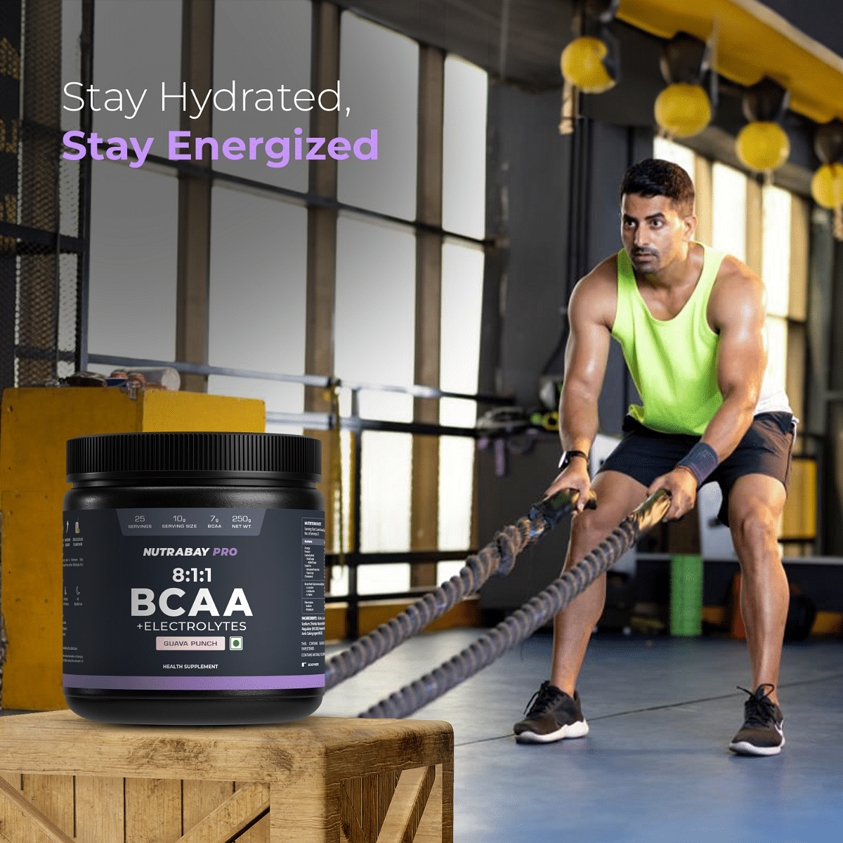 Nutrabay PRO BCAA 811 with Electrolytes - 7g Vegan BCAAs 1000 mg Electrolytes - IntraPost Workout Energy Drink - 250g Guava Punch