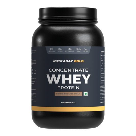 Nutrabay Gold Whey Protein Concentrate 1Kg  28 Serving  25g Protein  Rich Chocolate Creme Flavour  Build Muscle  Fast Recovery