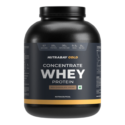 Nutrabay Gold Whey Protein Concentrate 2Kg  57 Serving  25g Protein  Rich Chocolate Creme Flavour  Build Muscle  Fast Recovery