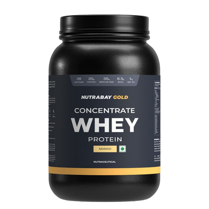 Nutrabay Gold Whey Protein Concentrate with Enzymes, Vitamins, Minerals, 25g Protein for Muscle Support & Recovery - Mango 1kg