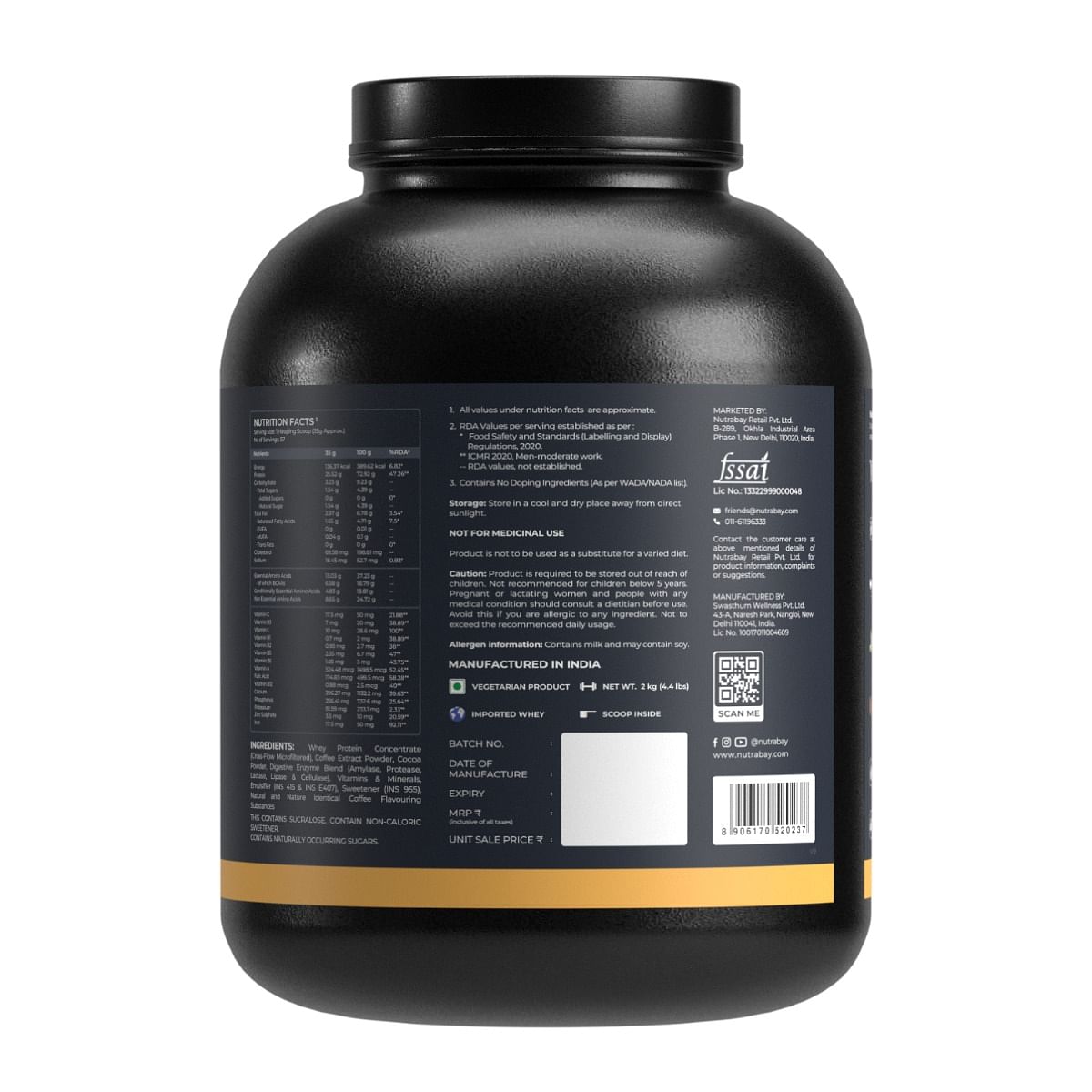 Nutrabay Gold Whey Protein Concentrate with Enzymes, Vitamins, 25g Protein for Muscle Support & Recovery - Cold Coffee 2kg