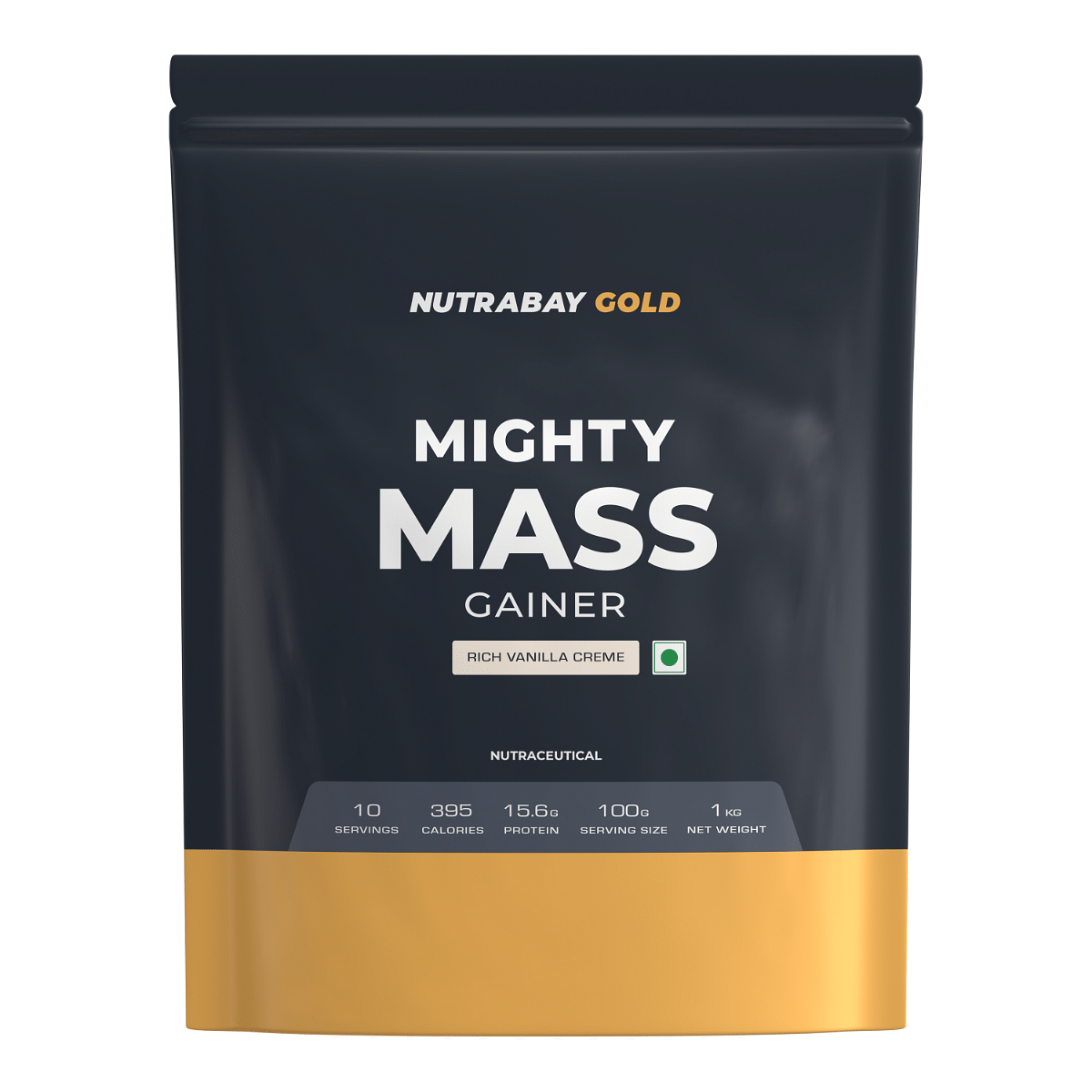 Nutrabay Gold Mighty Mass Gainer with Whey Protein Digestive Enzymes  Vitamins  Minerals Weight Gainer Supplement Powder - 1Kg Rich Vanilla Crme