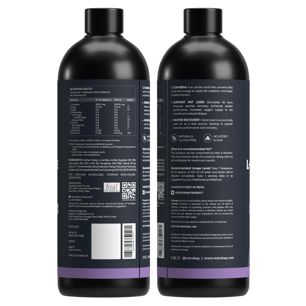 Nutrabay Pro Liquid L-Carnitine 450ml Mango Strawberry 30 Servings 3000mg Double Strength Sugar Free Converts Fat to Energy Performance Recovery