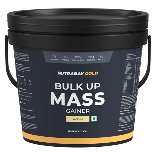 Nutrabay Gold Bulk Up Mass Gainer 30g Protein, Digestive Enzymes, Vitamins & Minerals, Weight Gain Supplement - 5kg Vanilla