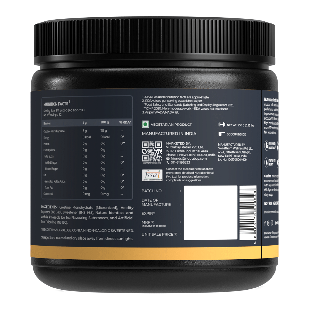 Nutrabay Gold Creatine Monohydrate 250g Pineapple Ice Tea Flavor Pre/Post Workout Supplement for Muscle Repair, Recovery, Performance, Power.