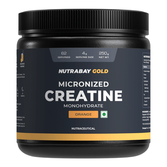 Nutrabay Gold Creatine Monohydrate 250g Orange Flavor Pre/Post Workout Supplement for Muscle Repair, Recovery, Performance, and Power.