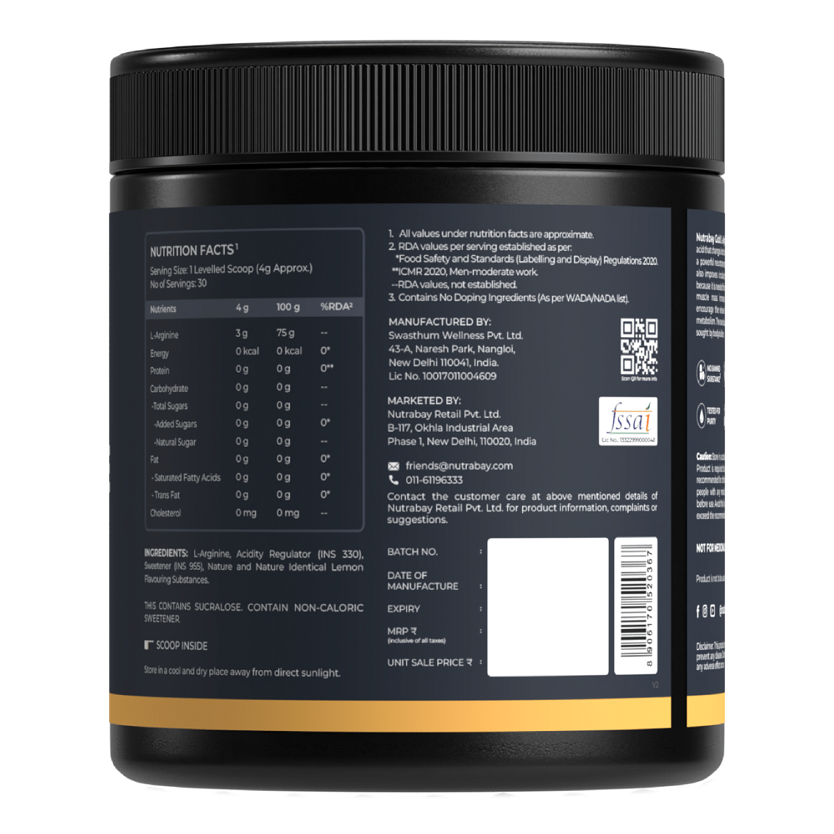 Nutrabay Gold L-Arginine Supplement Powder - 120g Lemon Flavor  Pre Workout Amino Acid for Endurance Muscle Building  Faster Recovery
