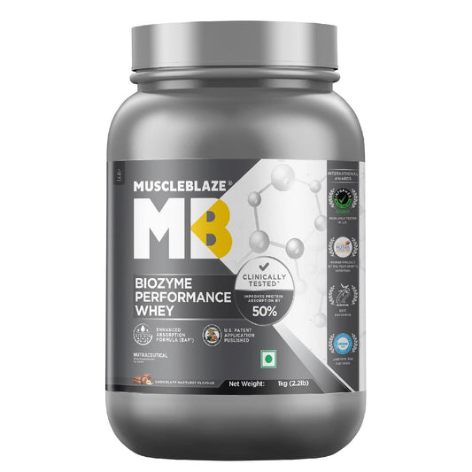 MuscleBlaze MB Biozyme Performance Whey 1kg  28 Serving  Chocolate Hazelnut Flavour  Muscle Gain