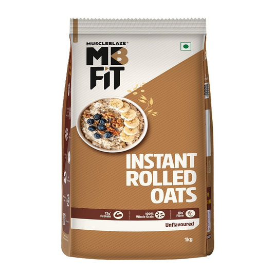 MuscleBlaze Fit Instant Oats 1kg Unflavoured, 12g Protein, High Fibre, No Added Sugar, Breakfast Cereal for Weight Management