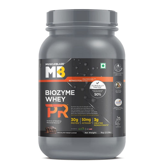 MuscleBlaze Biozyme Whey Protein PR Chocolate Fudge 1kg, 30g Protein, 3g Creatine, 50mg AstraGin, 50% Higher Protein Absorption, US Patent Filed.