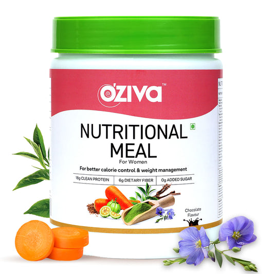 Oziva Nutritional Meal for Women, High Protein with Shatavari, Brahmi, Ginseng, Flax Seeds, Weight Management Shake, Chocolate, 500g