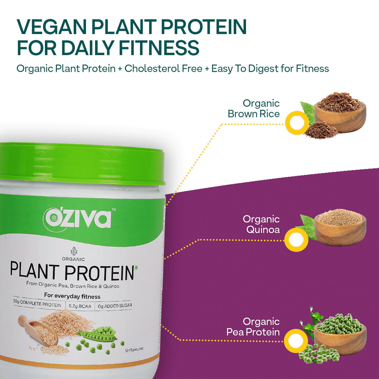 Oziva Organic Plant Protein Powder  30g Vegan Protein  Unflavored  Lean Muscle  Improve Metabolism