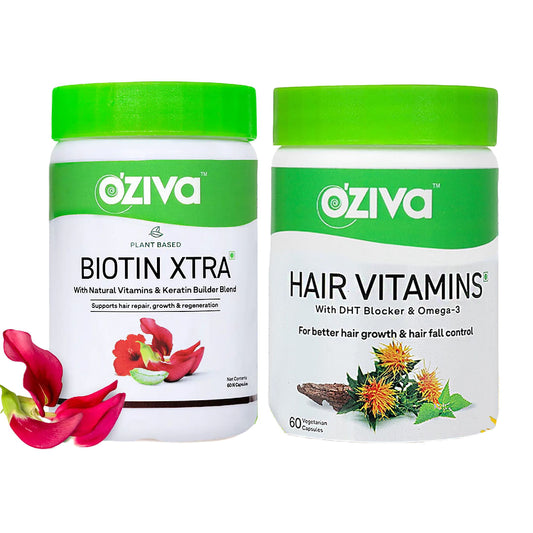 OZiva Healthy Hair Combo: 60 Capsules with DHT Blocker, Omega 3, Biotin Xtra, Keratin Builder for Hair Growth & Hair Fall Control.