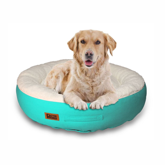 Petter World Ultra Luxury Cotton Canvas Donut Bed With Removable Sherpa Fur Cushion for Dogs Turquoise