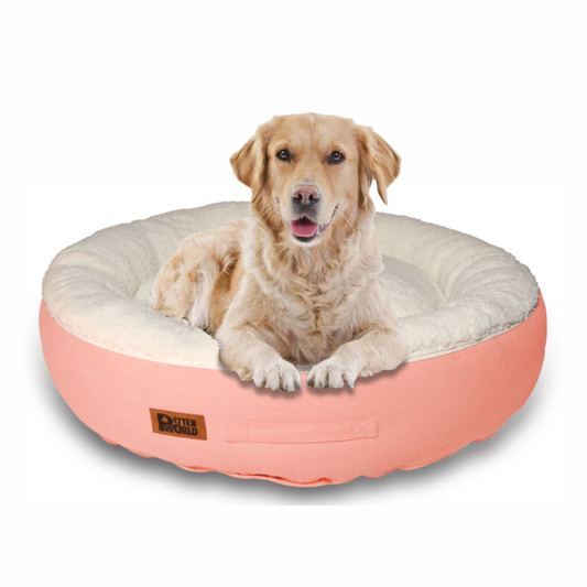 Petter World Ultra Luxury Cotton Canvas Donut Bed With Removable Sherpa Fur Cushion for Dogs Peach Pearl