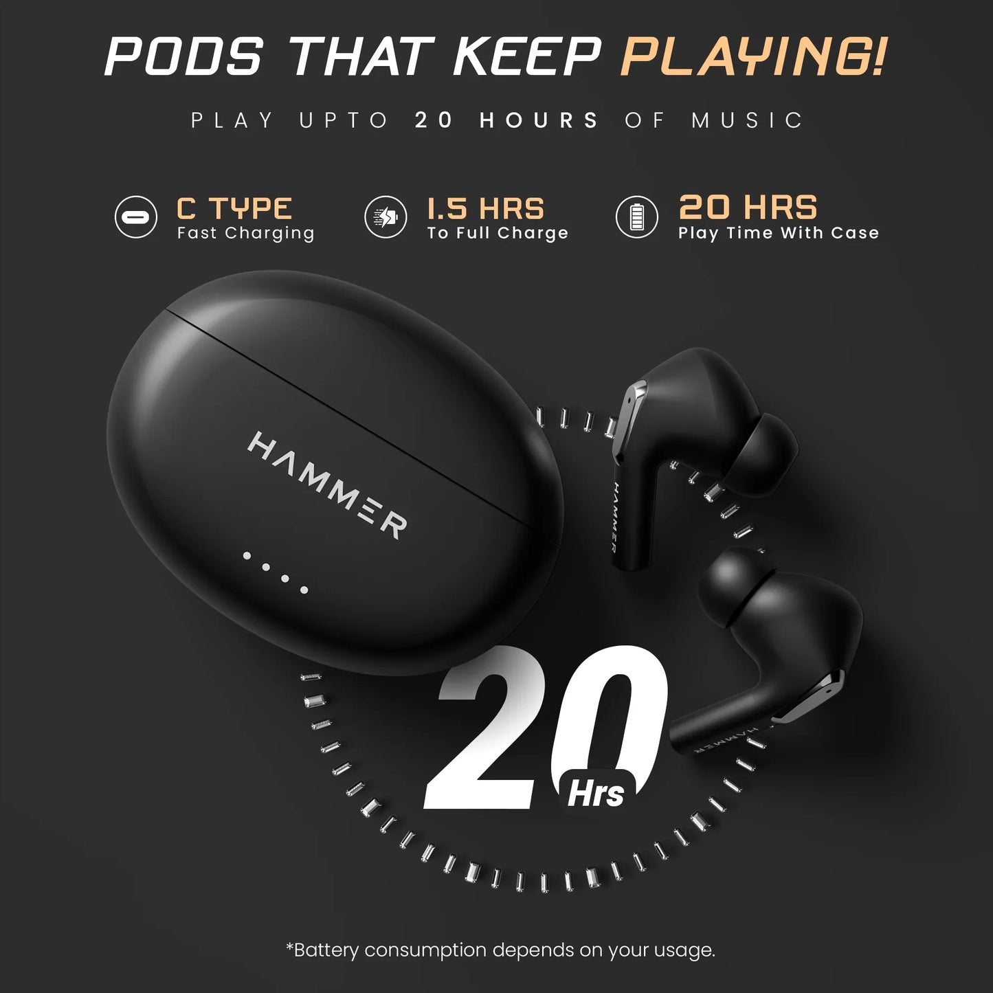 Hammer Mini Pods TWS Bluetooth Earbuds with Bluetooth v5.3 and Smart Touch Controls