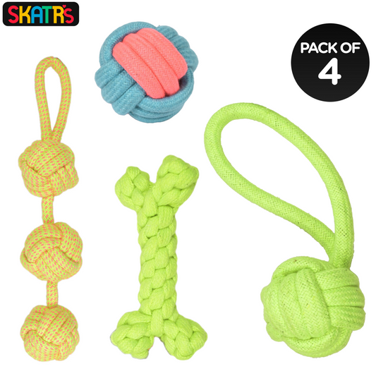 Skatrs 3 Bone Shaped Knotted Ball with Handle and Ball Shaped Rope Chew Toy for Dogs and Cats Combo