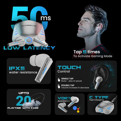 Hammer Arcade True Wireless Gaming Bluetooth Earbuds with RGB Lights and 50ms Low latency