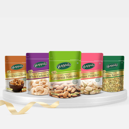 Premium Dry Fruits Combo 1050g California Almonds 200g Whole Cashews 200g Green Raisins 250g Iranian Salted Pistachios 200g Deluxe Kashmiri Walnut Kernels 200g