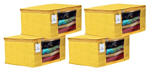 Kuber Industries Polka Dots 4 Pieces Cotton 3 Layered Quilted Saree Cover Yellow - CTKTC31044 Pack of 4