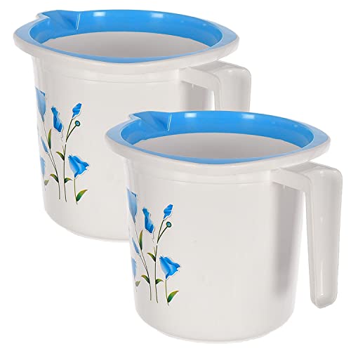 Kuber Industries Floral Print Plastic Bathroom Mug 1.5 Litre Pack of 2-46KM0191 Blue  White Standard