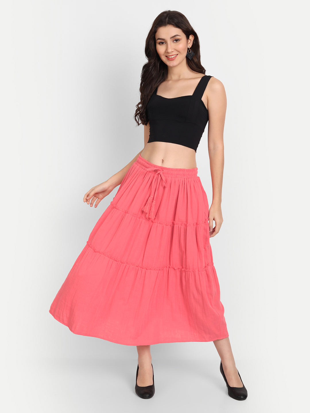 Women Orange Colored Solid Tiered Skirt