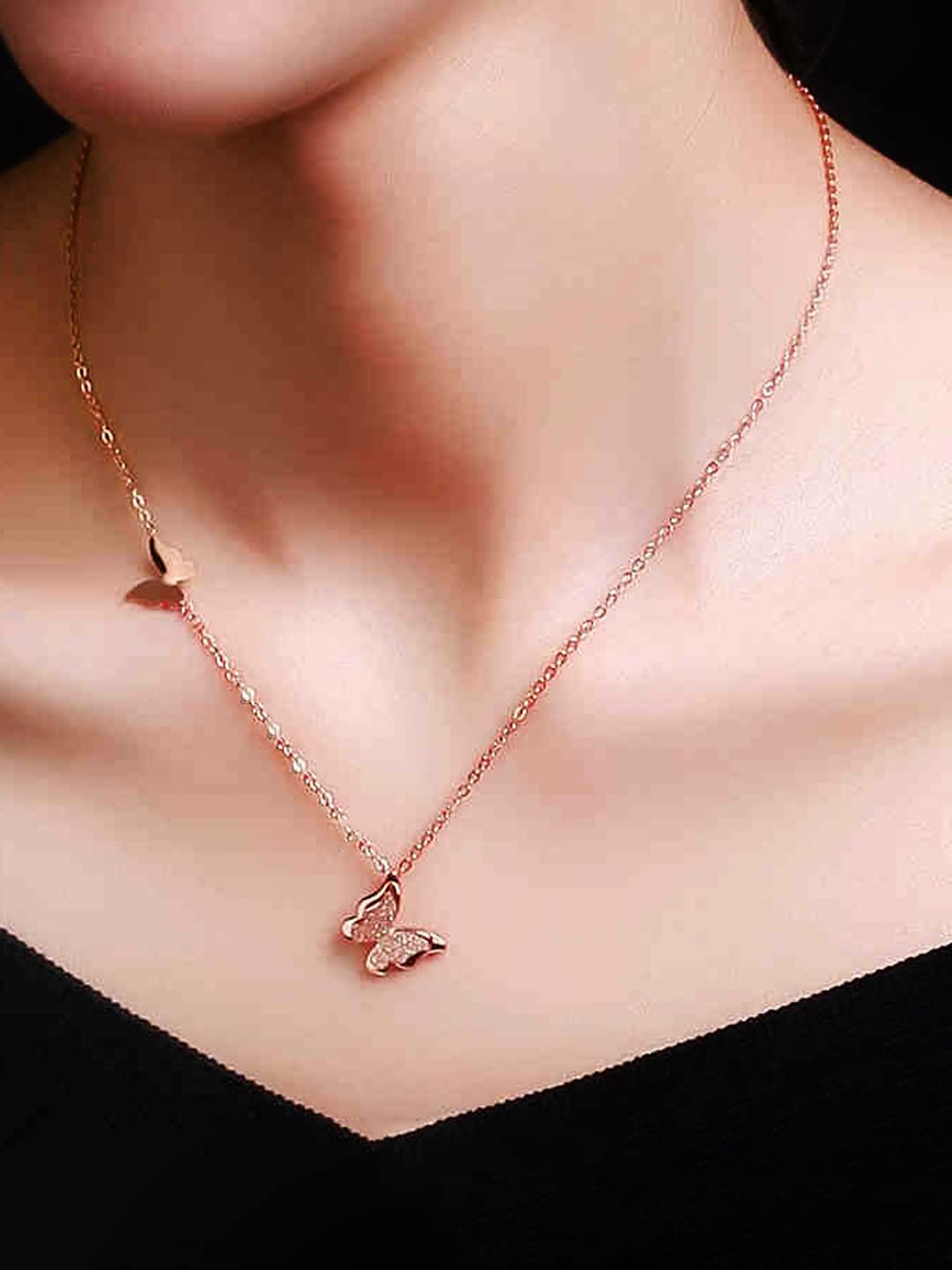 Yellow Chimes Pendant for Women and Girls  Rose Gold Pendant Necklace for Women Western  Stainless Steel Butterfly Shaped Long Chain Pendants  Accessories Jewellery for Women