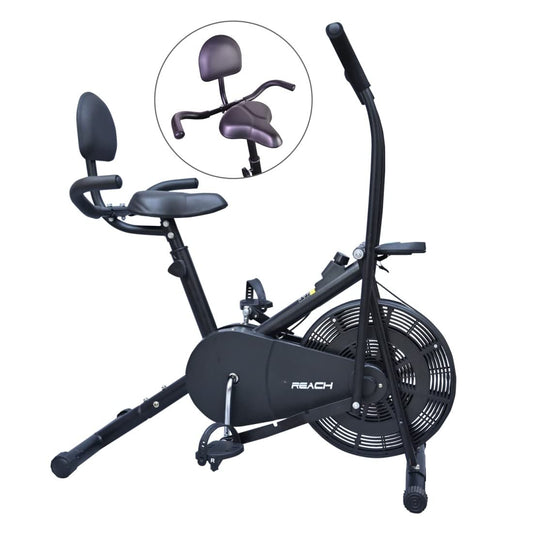 Reach AB-110 BH Air Bike Exercise Cycle with Moving or Stationary Handle  with Back Support Seat  Side Handle for Support  Adjustable Resistance with Cushioned Seat  Fitness Cycle for Home Gym