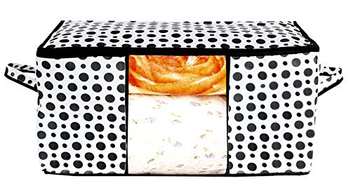 Kuber Industries Polka Dots Design Non Woven Underbed Storage Bag Cloth Organiser Blanket Cover with Transparent Window Black  White -CTKTC38100