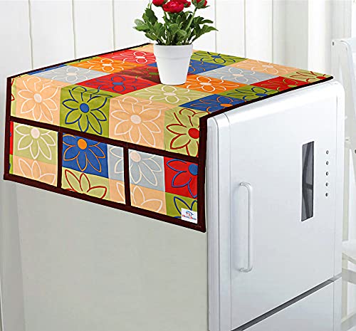 Heart Home Flower Design PVC Fridge Top Cover with 6 Utility Side Pockets Blue Standard HS38HEARTH21070