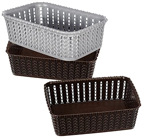 Kuber Industries Multiuses Small M 15 Plastic TrayBasketOrganizer Without Lid- Pack of 3 Brown  Grey  Brown -46KM0129